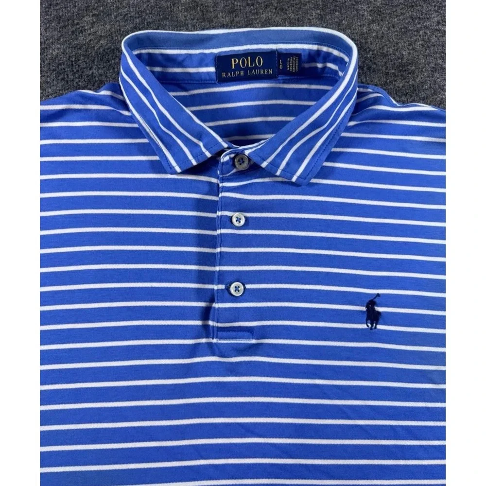 Polo Ralph Lauren Mens Large Blue White Striped Short Sleeve Cotton Polo Shirt